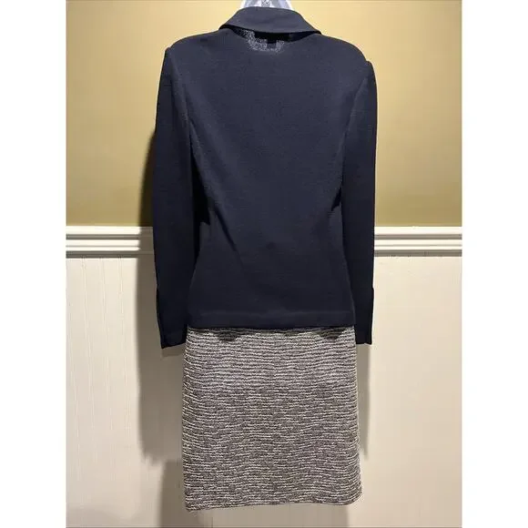 Vtg St John 2pc Skirt Suit Navy Blue Santana Knit Gold Tone Button Jacket Sz 2